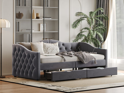 Full Size Bed Frame, Upholstered Cloud Bed Frame With Headboard, 2 Storage Drawers And 2 USB Charging Design, No Box Spring Needed - Gray