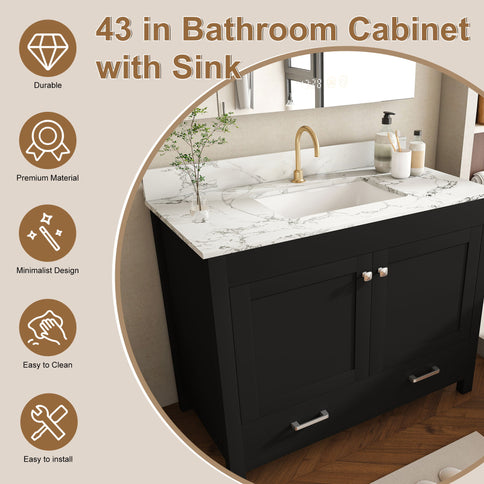 Bathroom Vanity Set, Fluted Cabinet, Soft Close Doors & Drawers, Single Faucet Hole, Sink Included - Black