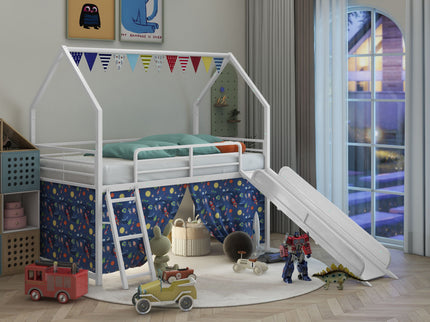 Jack - House Loft Bed With Slide And Curtain Set