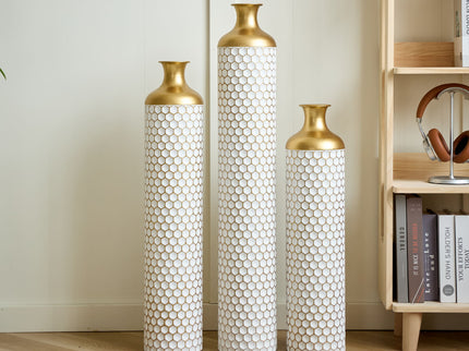 3 Piece Set Gorgeous Home Decoration Large Glazed Floor Vase Decoration Home Droplet Shaped - Gold / White
