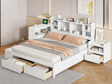 Platform Bed With Multi Functional Storage Space, Nightstand, 2 Drawers, USB Ports And Desk
