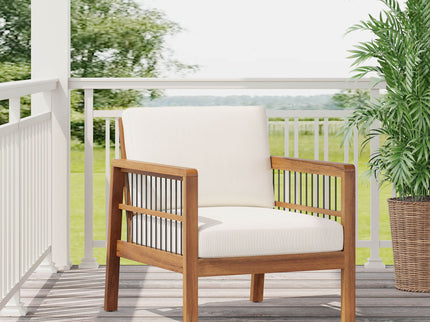 Club Chair With Slat Panel Design - Teak / Beige