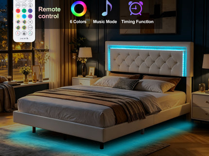 Platform Bed Frame With Adjustable Upholstered Headboard, RGB LED Lights, No Box Spring Needed
