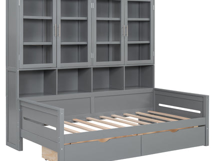 Daybed With Glass Door Storage Cabinets, Built In LED Lighting And Shelves
