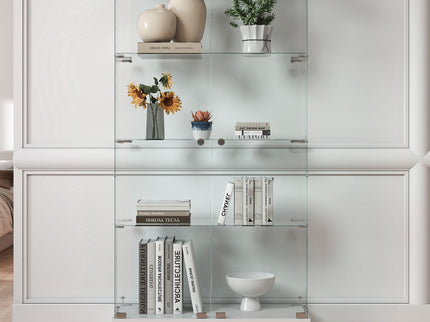 Glass Display Cabinet With LED Lights, Tempered Glass Doors, Large Drawers, 2 Door Storage Case With 4 Shelves - Natural / White