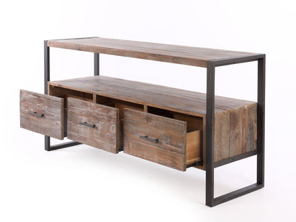 Reclaimed Wood Media TV Console Table With 3 Drarwer, Open Shelf - Antique Gray