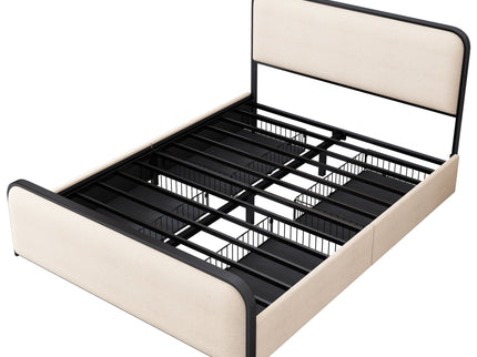 Modern Bed With Curved Upholstered Headboard And Footboard, Heavy Duty Metal Slats