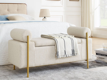 Elegant Upholstered Storage Bench With Cylindrical Arms And Iron Legs,