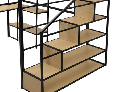 Full Size Loft Bed With Staircase, Built In Desk And Shelves And Sleeping Surface - Black