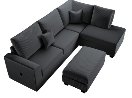 Modern Style Sectional Set With USB Port, Storage Ottoman