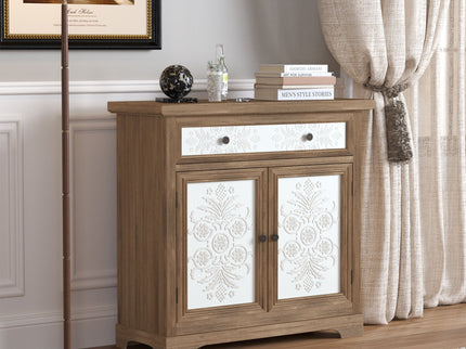 Accent Cabinet With Carved Floral Panels, Sideboard With Drawer And Double Doors - Antique Brown / White