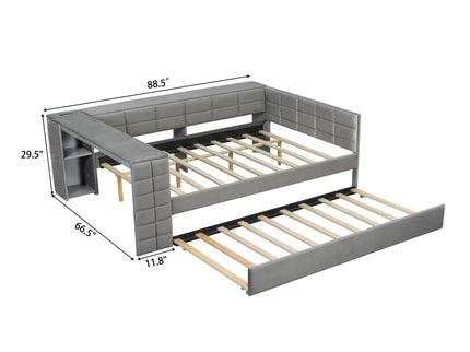 Upholstered Platform Bed With Storage Shelves, Desk, Charging Station And Trundle