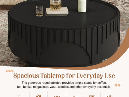 Round Fluted Drum Coffee Table With Sturdy Base For Living Room