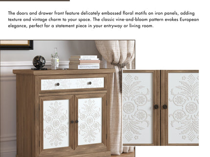 Accent Cabinet With Carved Floral Panels, Sideboard With Drawer And Double Doors - Antique Brown / White