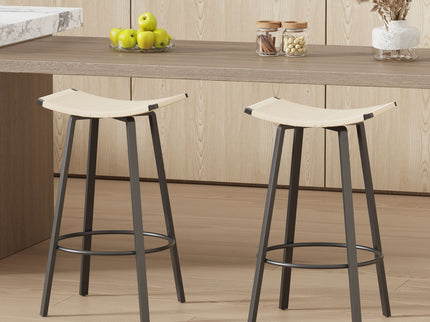 Counter Height Bar Stools Backless Handwoven Kitchen Dining Chairs With Round Footrest (Set of 2) Weaving Pub Stoo - Creamy White