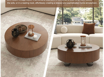 Drum Shaped Coffee Table With Hidden Storage Drawer, Low Profile For Living Room - Walnut