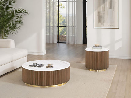 3 Piece Table Set Round Cocktail Table And 2 Round End Tables - Brown / Gold / White