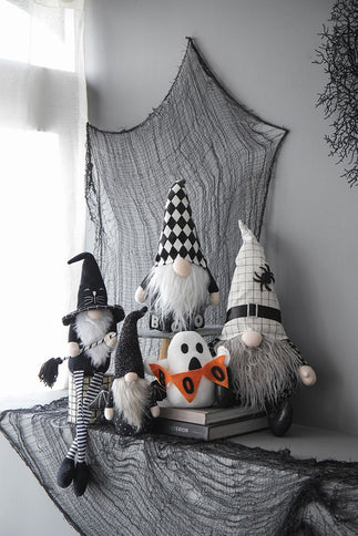 Sitting Gnome With Broomstick & Long Legs, For Halloween Decor - Black White