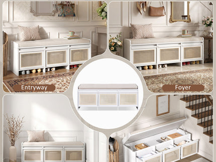 Entryway Shoe Bench With Drawers & Button Tufted Cushion