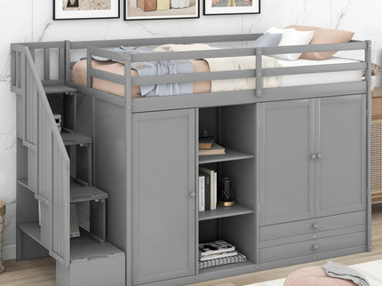 Loft Bed With 3 Shelves, 2 Wardrobes, 2 Drawers, Ladder Storage
