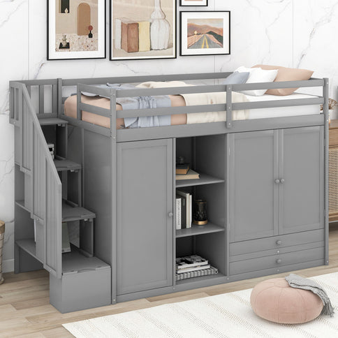 Loft Bed With 3 Shelves, 2 Wardrobes, 2 Drawers, Ladder Storage