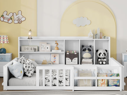 Platform Bed Frame With Guardrail, Storage Shelves & Bookshelf