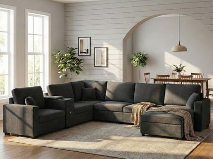 Modular 5 Seat U-Shape Sectional Sofa With Chaise Lounge, Built In Cup Holders And Storage Drawer