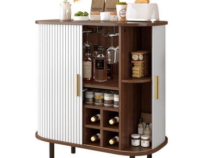 Fluted Wine Bar Cabinet With 8 Grid Wine Rack, 5 Level Adjustable Shelves, 2 Glass Holders
