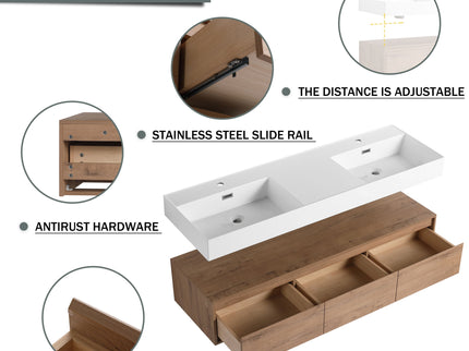 Contemporary Wall Mounted Bathroom Vanity With Dual Resin Sink And Soft Close Drawer