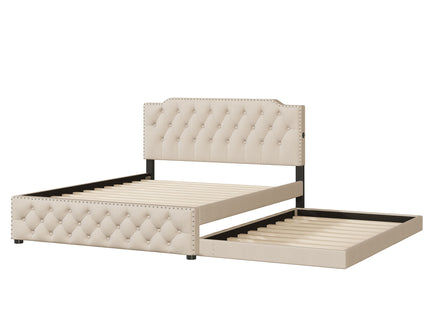 Upholstered Platform Bed With Trundle And 2 Sets Of USB Ports On Each Side, Fabric