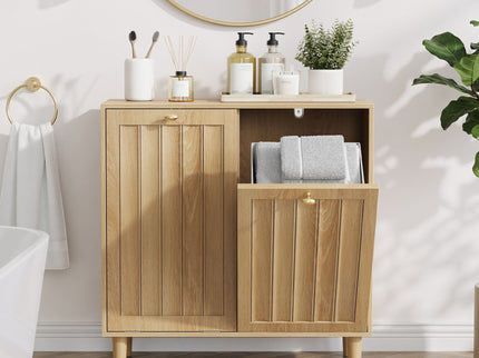 Sloping Laundry Basket With Removable Inner Bin, Concealed Storage Cabinet For Bathroom - Oak