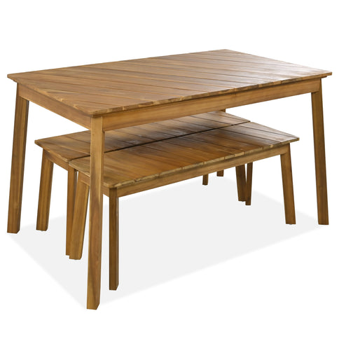3 Pieces Acacia Wood Table Bench Dining Set For Outdoor & Indoor Furniture With 2 Benches, Picnic Beer Table For Patio, Porch, Garden, Poolside - Natural