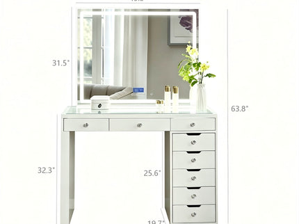 Makeup Vanity Desk With LED Lighted Mirror, 9 Drawers For Bedroom - Gloss White