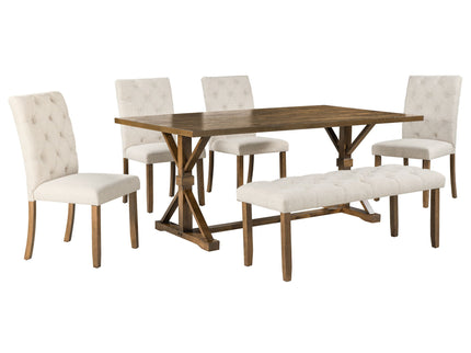 6 Piece Dining Table Set With Rectangular Wood Table, 4 Upholstered Chairs, Bench