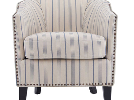 Transitional Upholstered Stripe Barrel Chair With Birch Wood Legs And Plush Cushioned Seat - Beige / Blue Stripe