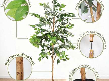 6Ft Artificial Ficus Tree With Natural Trunk In Pot For Indoor Home Office Decor - Green Leaves