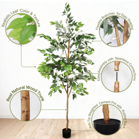 6Ft Artificial Ficus Tree With Natural Trunk In Pot For Indoor Home Office Decor - Green Leaves
