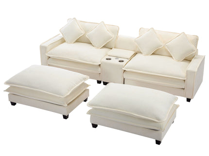 Sectional Sofa Upholstered Sofa With Two Removable Ottoman, Two USB Ports, Two Cup Holders And Large Storage Box For Living Room