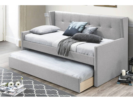 Daybed With Slat Trundle, Button Tufted - Light Gray