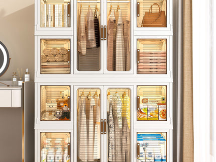 Portable Wardrobe Closet Storage Organizer For Clothes With Magnetic Doors, 12 Cubes & 2 Hanging Rods - White