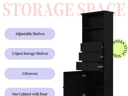 Tall Storage Cabinet With 3 Drawers And Adjustable Shelves For Bathroom