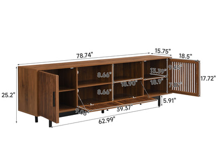 TV Stand, Entertainment Center With Slatted Doors, Cable Management, Soft Closing Hinges - Walnut