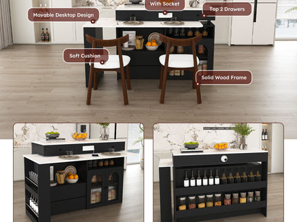 Retro Kitchen Island Set With Chairs, Extendable & Rotating Table, 4 Drawers & Door Cabinets