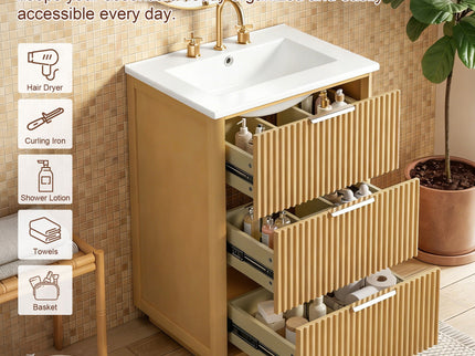 Bathroom Vanity With Sink, Open Shelf & Closed Storage - Natural Wood