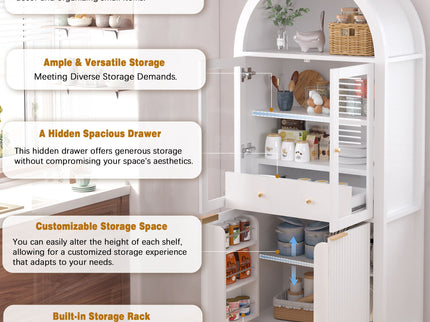 Fluted Tall Arched Pantry Cabinet With Adjustable Shelves, Glass Door & Hidden Drawer For Kitchen
