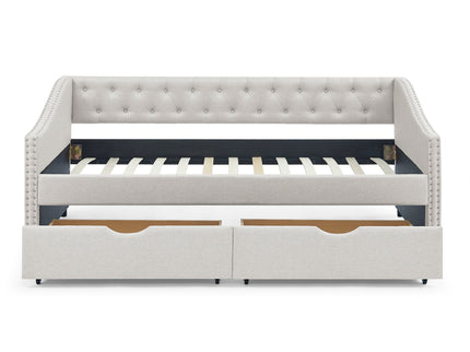 Upholstered Tufted Daybed With 2 Drawers, Waved Arms
