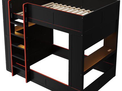 Full Size Gaming Bunk Bed With Desk, Storage Shelves, LED And Charging Station - Black