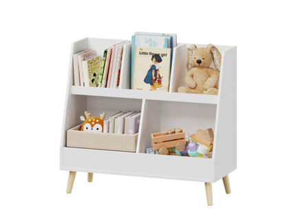 Kids Bookshelf And Toy Organizer, 5 Cubbies Wooden Open Bookcase, 2-Tier Baby Storage Display Organizer With Legs, Free Standing For Playing Room, Bedroom, Nursery, Classroom - White