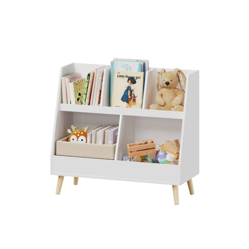 Kids Bookshelf And Toy Organizer, 5 Cubbies Wooden Open Bookcase, 2-Tier Baby Storage Display Organizer With Legs, Free Standing For Playing Room, Bedroom, Nursery, Classroom - White