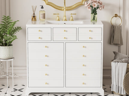 Retro Bathroom Vanity With Sink, Storage Cabinet, Freestanding With 2 Drawers & Soft-Closing Doors